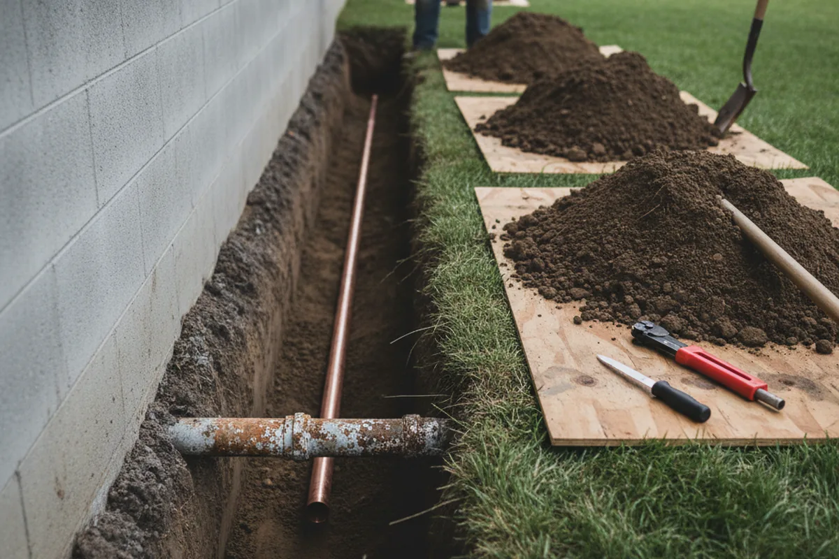 Excavated water line trench during Sewer Line Repair in Hockessin